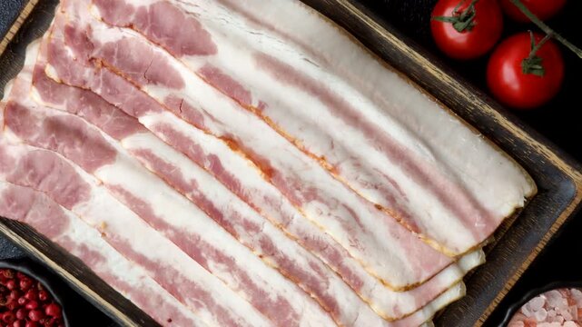 Raw smoked bacon slices, ham, jamon, or prosciutto strips for cooking. Raw bacon slices