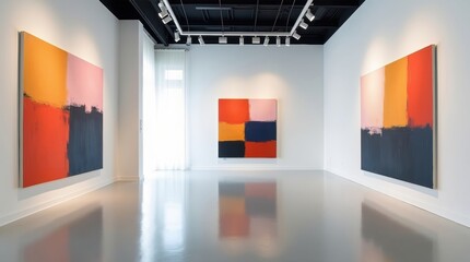 Modern art gallery interior featuring abstract color field paintings on white walls