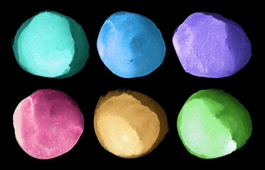 Round rainbow watercolor frames set, circle shape form isolated on black background. Handmade technique