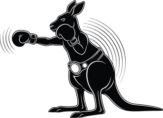 Black kangaroo boxer with boxing gloves and championship belt kangaroo, boxer, boxing gloves, championship belt, black and white, animal, sports, recreation, action, motion lines, white background, mo