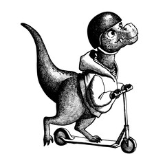 A stylish Tyrannosaurus rex in a hoodie and helmet rides a scooter. Black and white graphic illustration. Perfect for children's clothing and accessories.