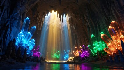 Crystal Cave Fantasy Illustration &ndash; Glowing Underground World with Colorful Minerals