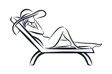 Young woman relaxing on lounge chair wearing large sun hat is outlined