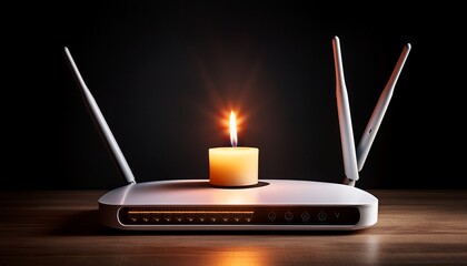 a wi fi router sits offline in the dark illuminated only by a single candle concept for power outage internet failure or digital detox