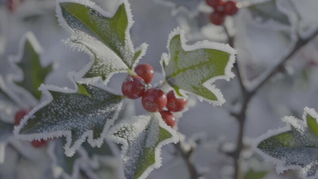 Frosty holly berries and leaves
