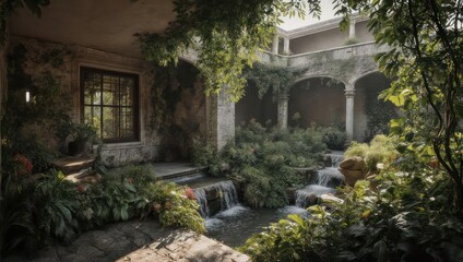 Fototapeta premium Serene Courtyard Garden with a Gentle Flowing Stream and Stone Villa.
