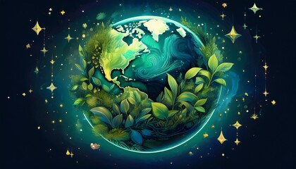 Naklejka premium the earth with green plants and stars