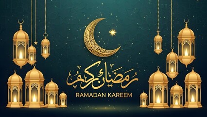 Ramadan Kareem Greeting With Crescent Moon And Golden Lanterns On Teal Background