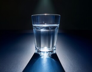 glass of water is illuminated by spotlight creating striking contrast against dark background clarity of water and reflections enhance visual appeal evoking sense of tranquility and simplicity