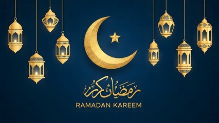 Ramadan Kareem Greeting with Crescent Moon and Islamic Lanterns Muslim holiday