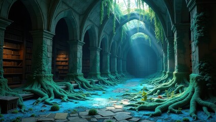 A forgotten sanctuary of knowledge where nature's roots embrace the ancient stone and light