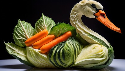 swan sculptures crafted from cabbage zucchini and carrotmelegant food art blending vegetable carving and lifelike detail for editorial or educational use