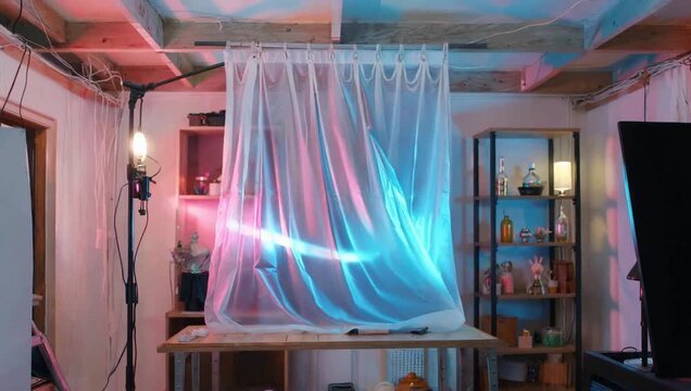 A light beam passes through a white curtain, creating a vibrant display of pink and blue hues.