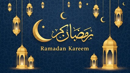 Ramadan Kareem Greeting with Crescent Moon Lanterns and Arabic Calligraphy islam