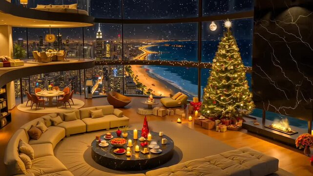 Luxury apartment interior with Christmas tree and sea view. Cozy living room with fireplace, candles, and panoramic window overlooking night beach city.