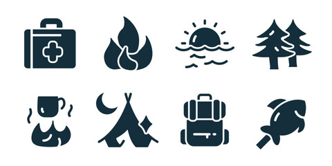 Adventure excellent icon collection. Set of first aid kit, flame, sunrise sea, pine trees, hot drink, tent camp, backpack, fish icons © stas111