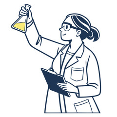 Smiling female scientist examines a flask while holding a clipboard for research data