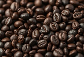 Fototapeta premium Dark roasted coffee beans close-up, ample copy space, copy space, background
