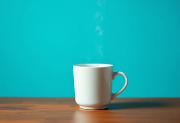 Steaming coffee in a white mug against a vibrant turquoise backdrop, mug, office