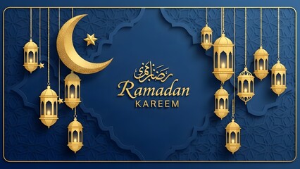 Ramadan Kareem Islamic Greeting with Crescent Moon and Lanterns image photo