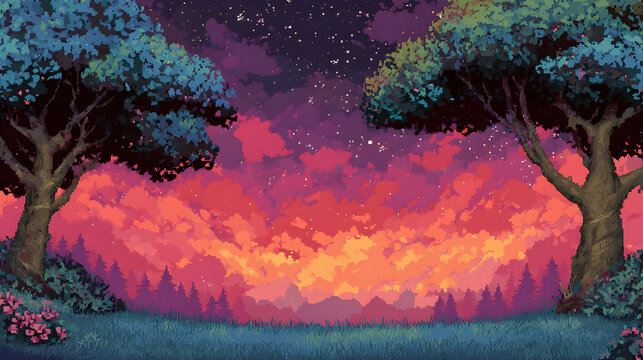 Retro pixel art landscape with grassy clearing and starry night sky