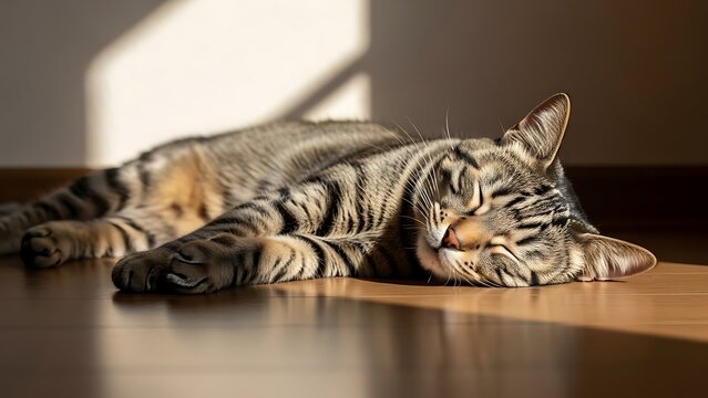 Adorable tabby cat deeply asleep on a warm wooden floor, bathed in a golden sunbeam, showcasing a peaceful moment of relaxation with striking light and shadow contrast, close-up view. - Powered by Adobe