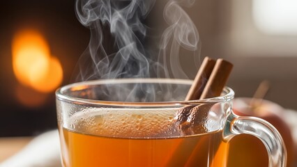 Warm Apple Cider with Cinnamon Sticks Steaming in a Cozy Fireside Setting