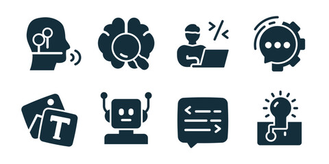 Artificial intelligence excellent icon collection. Set of speech analysis, neural search, coding laptop, smart chat, text generation, robot assistant, code message, innovation idea icons