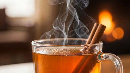 Inviting Steaming Hot Drink with Aromatic Cinnamon Sticks, Offering Warmth and Comfort on a Chilly Evening by a Blurry Fireplace Glow
