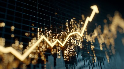 Abstract representation of rising financial trends illustrated with glowing line graph and data points on a dark grid background in a modern style