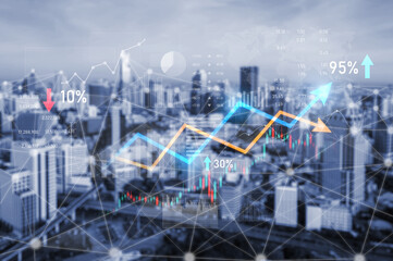 Dynamic representation of financial growth with a city skyline backdrop, featuring digital graphs and statistical overlays that depict market performance and trends. Scalp