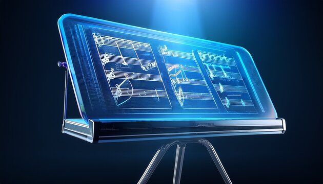 futuristic music stand with a glowing holographic sheet music display digital score on a transparent screen the future of music and technology concept - Powered by Adobe