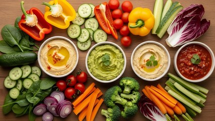 Vibrant and Nutritious Vegetable Platter with Assorted Dips A Colorful Spread of Healthy Snacks and Crudit&eacute;s for Wholesome Eating and Entertaining