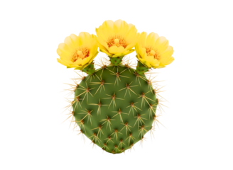 A green cactus with vibrant yellow flowers on top isolated on transparent background