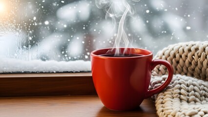 Red mug of steaming hot drink on a wooden windowsill with falling snow outside image