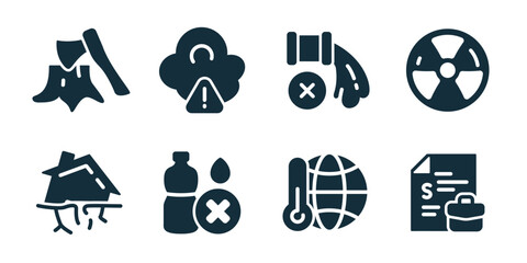 Obraz premium Global crisis excellent icon collection. Set of deforestation, pollution alert, gas shutdown, nuclear danger, earthquake house, water shortage, climate temperature, economic document icons