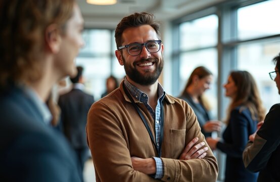 Smiling bearded man in glasses, arms crossed, at corporate business conference event. Wears lanyard, looking happy. Colleagues interact, network, chat in blurred background, discussing ideas, - Powered by Adobe