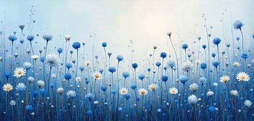 Field of blue and white wildflowers in oil painting style. Flowers on long stems against blue sky background. Artistic floral pattern with daisies and other blooms in various shades of blue and white.
