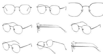 Collection of minimalist eyeglasses designs with transparent frames set against a black background