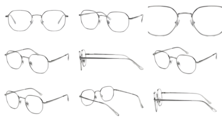 Collection of minimalist eyeglasses designs with transparent frames set against a black background