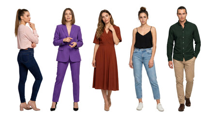 Obraz premium diverse group of young adults in stylish casual and formal outfits isolated on transparent