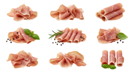 Assorted slices and rolls of cured ham and prosciutto with fresh herbs isolated on transparent
