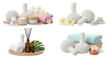 Relaxation and wellness spa scene with herbal compresses and fragrant flowers isolated on a