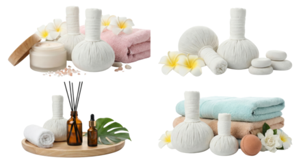 Serene spa wellness set with massage tools soft towels and aromatic oils isolated on a transparent