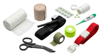 Medical First Aid Equipment and Supplies on Isolated Background for Emergency Preparedness