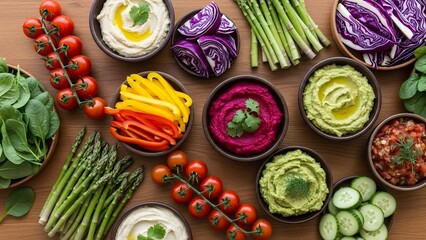 A colorful and nourishing spread of fresh, healthy plant-based ingredients and vibrant dips, perfect for promoting wellness and a balanced diet