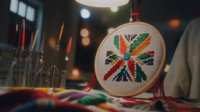 A close-up shot of a colorful cross-stitch embroidery in a hoop with crafting tools.