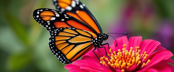 Close-up of vibrant monarch butterfly with open wings, perched on flower,  butterfly,  fragile