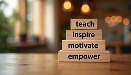 Wooden blocks stacked on table spell out teach inspire motivate empower. Words represent goals for learning, growth, personal development. Also signify positive encouragement, pro training.