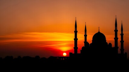 Silhouette of a mosque and minarets against a vibrant sunset sky Keywords: mosque, Islamic, architecture, minarets, dome, silhouette, sunset, sky